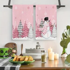 2pc Pink Snowman & Buffalo Pattern Trees Hand Dish Kitchen Towels